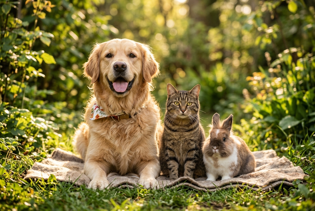 Happy pets - dog, cat and rabbit together